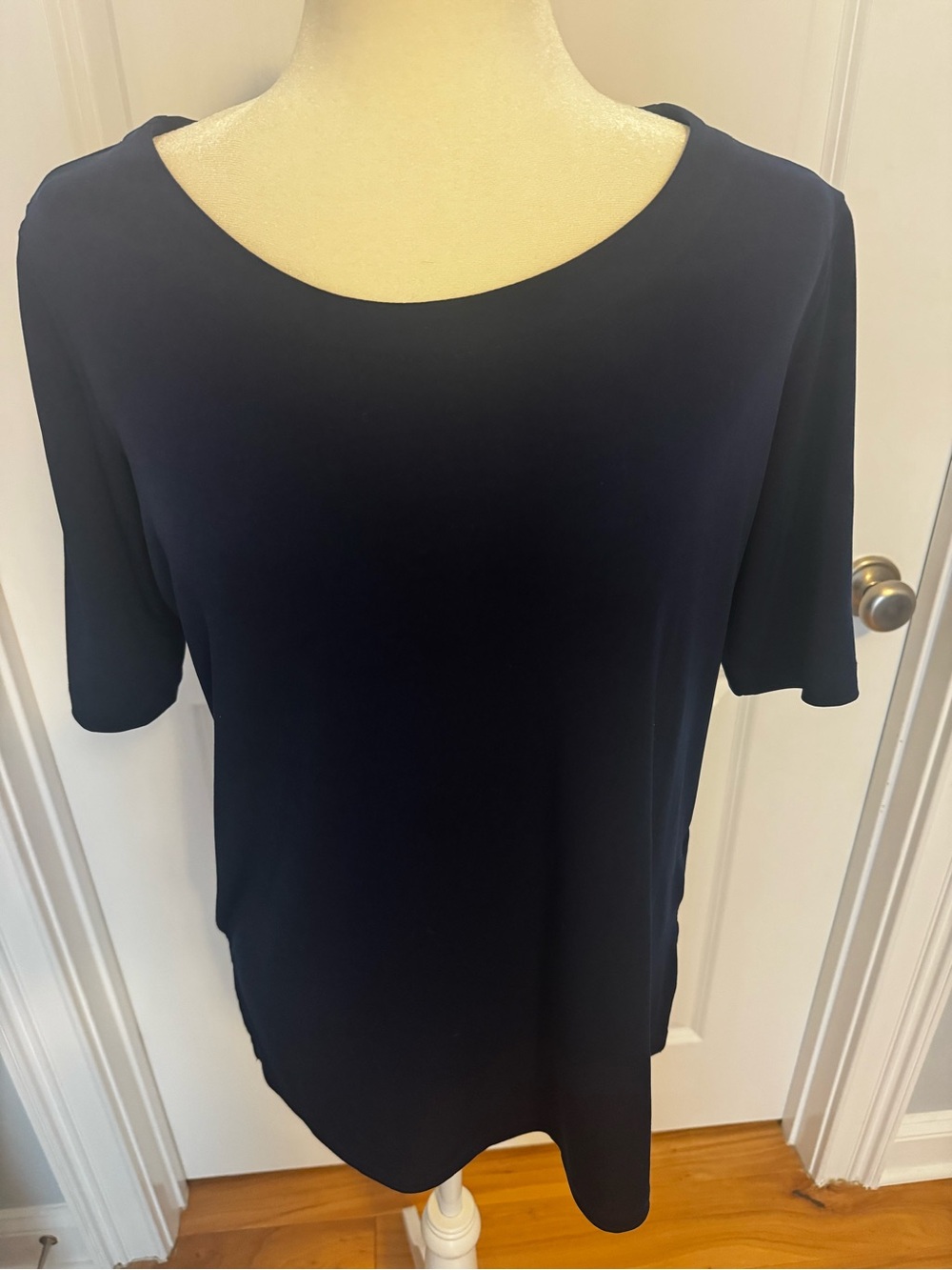 Susan Graver Navy Short-Sleeve Scoop Neck Blouse